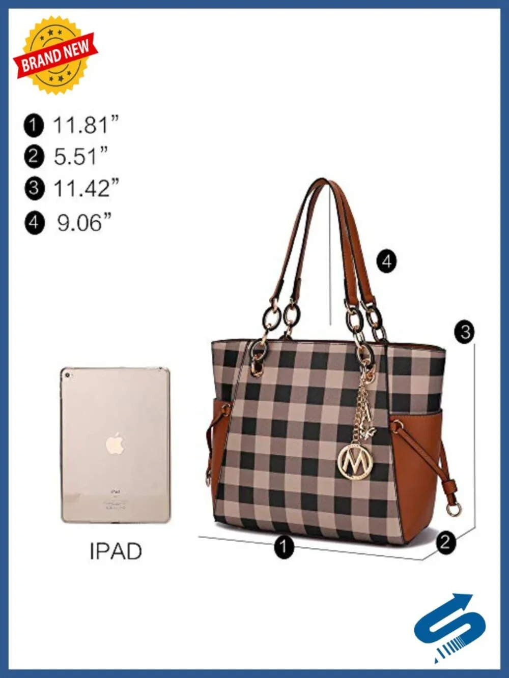 Checkered Vegan Leather Tote Bag with Wristlet Wallet Set